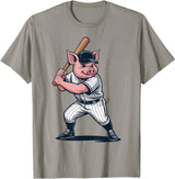 Pig Animal Baseball Lovers Graphic Funny Pig Playing Baseball Artwork Vintage Animal Baseballer T-Shirt - Slate Grey