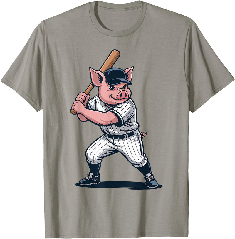 Pig Animal Baseball Lovers Graphic Funny Pig Playing Baseball Artwork Vintage Animal Baseballer T-Shirt - Slate Grey