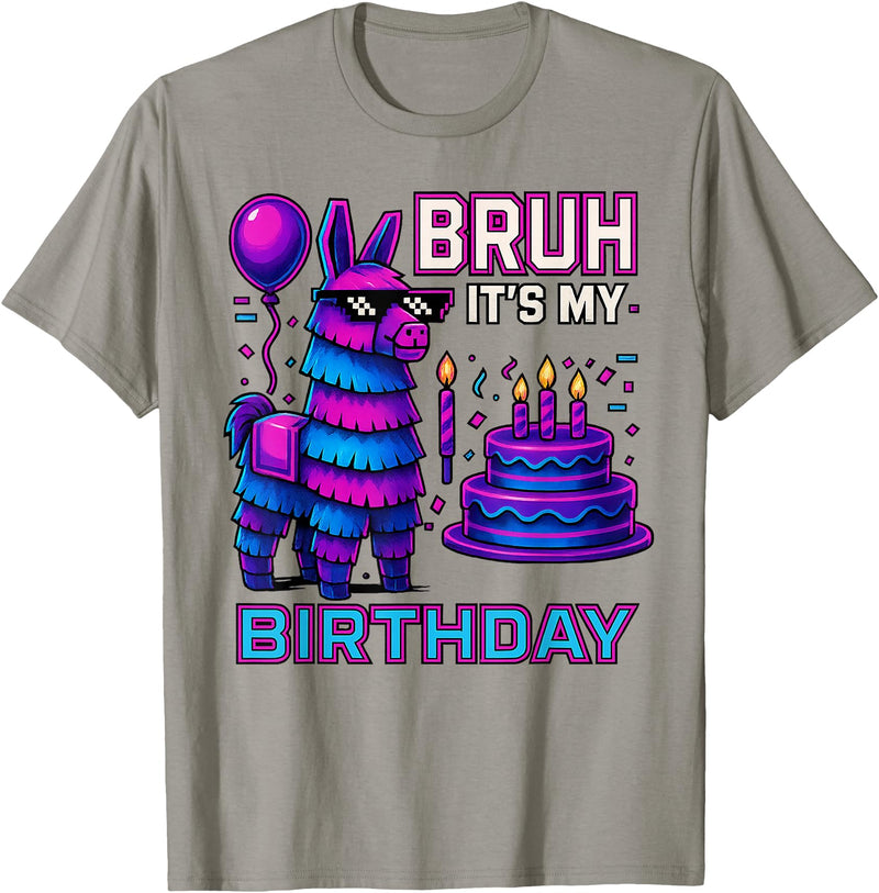 gaming gamer Birthday Llama Pinata Family Apparel Bruh It’s My Birthday Funny Llama Pinata Bday boy Kids Party T-Shirt - Slate Grey