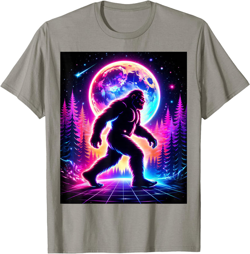 Retro Sasquatch Bigfoot Designs Sasquatch Bigfoot Synthwave Retro Forest Moon 80s T-Shirt - Slate Grey