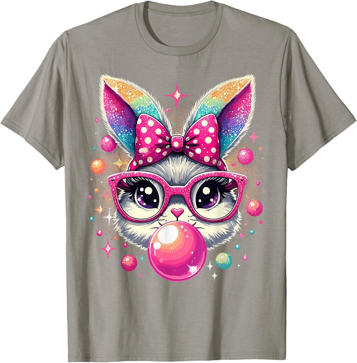 Happy Easter Bunny Tie Dye Coquette Bow Rabbit Face Easter T-Shirt - Slate Grey