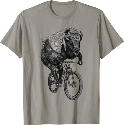 Cow Buffalo Riding a Bicycle Buffalo on Hand Drawn Vintage T-Shirt