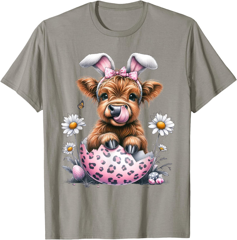 Funny Cow Easter Rabbit Cute Highland Cows Lover Easter Day T-Shirt - Slate Grey
