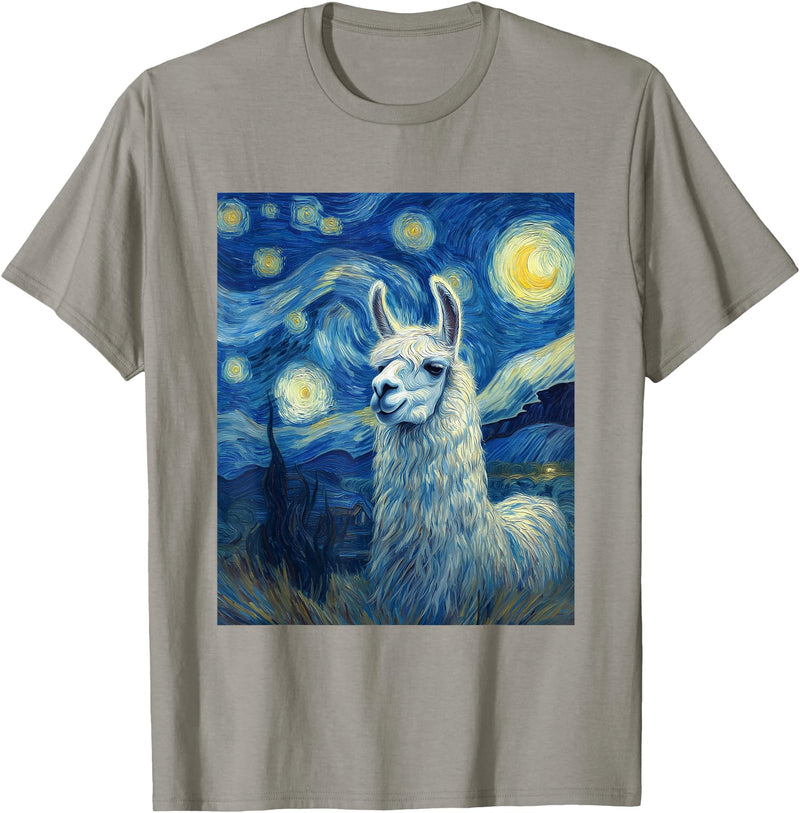 Llama Designs. Llama Alpaka Van Gogh Style Starry Night Funny Graphic T-Shirt - Slate Grey