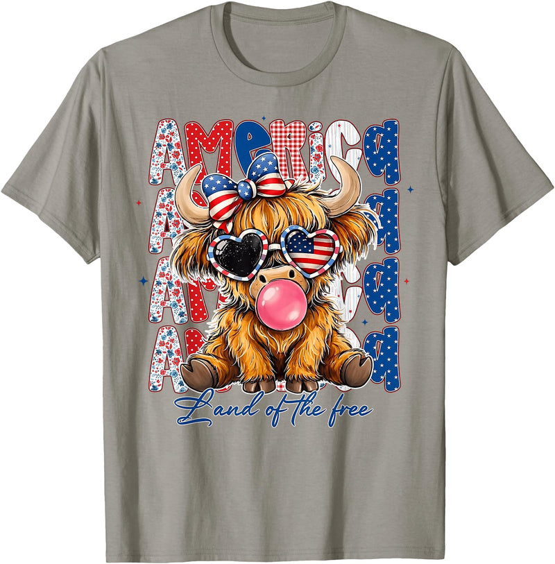 Cute Cow Creations Highland Cow 4th of July, Patriotic Cowgirl Bow Design T-Shirt - Slate Grey