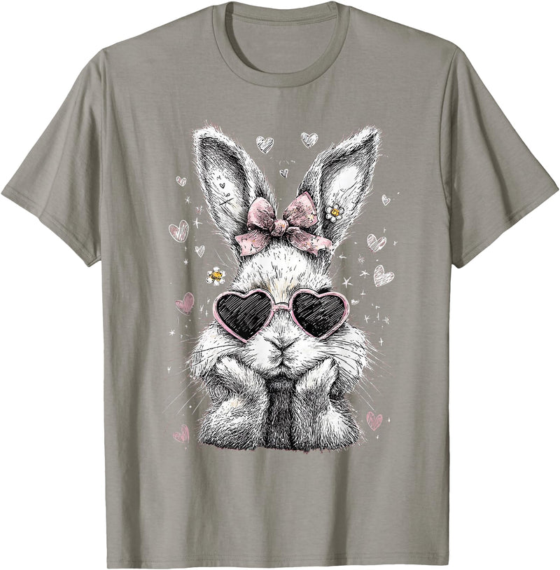 Funny Bunny Face Glasses Bandana Pink Rabbit Happy Easter T-Shirt in Slate Grey