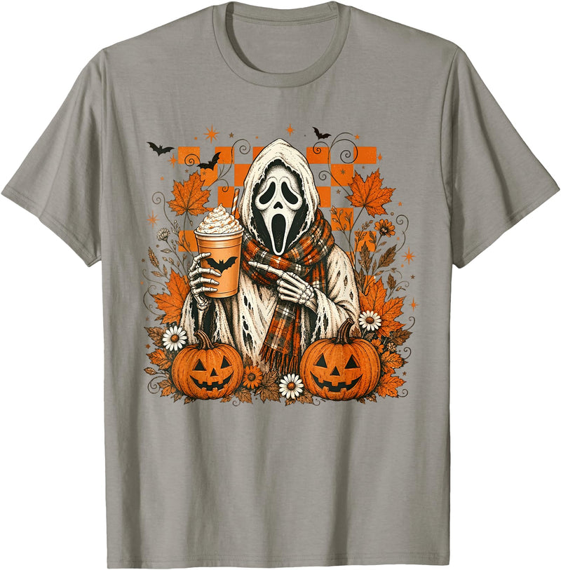Halloween Pumpkin Ghost Autumn Leaves Graphic Cute Spooky Ghost Fall Halloween Coffee Latte Autumn Pumpkin T-Shirt - Slate