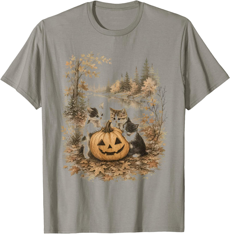 Vintage 90s Cats And Pumpkin Halloween Women Men Funny Retro 90s Kitten Black Cats and Pumpkin Halloween T-Shirt - Slate Grey