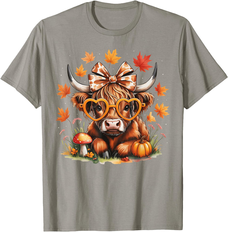 Fall Highland Cow Bow ThanksGiving Ades.shirt Fall Highland Cow Pumpkin Bow Thanksgiving Fall Girl Women T-Shirt - Slate Grey