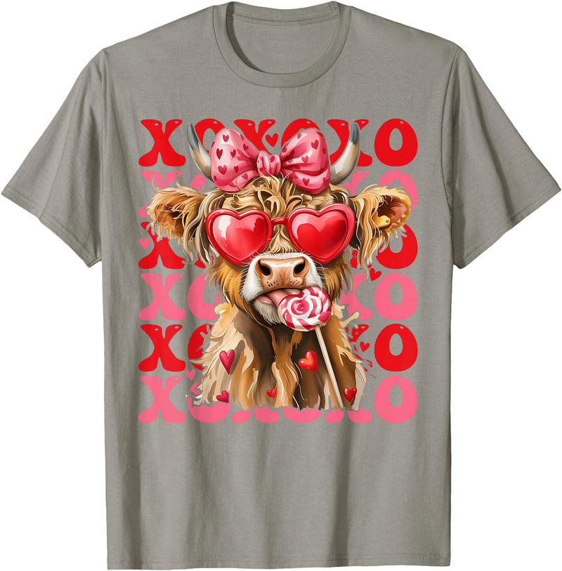 Valentine XOXO Highland Cow Fng Valentine XOXO Highland Cow Cute Coquette Bow Western T-Shirt - Slate Grey
