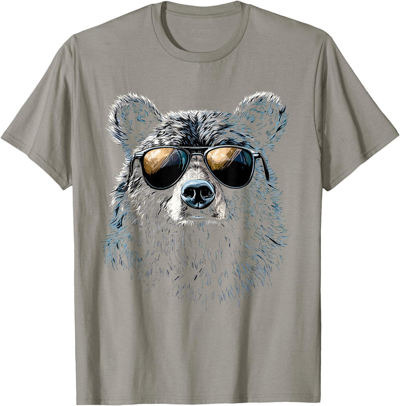 Forest Illustration Bear Art Nature Bear Wearing Sunglasses Wildlife Artwork Graphic Bear T-Shirt - Slate Grey