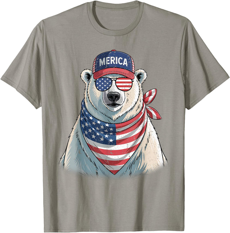 Retro Merica Polar Bear USA July Fourth Polar Bear 4th of July US American Flag Patriotic T-Shirt - Slate Grey