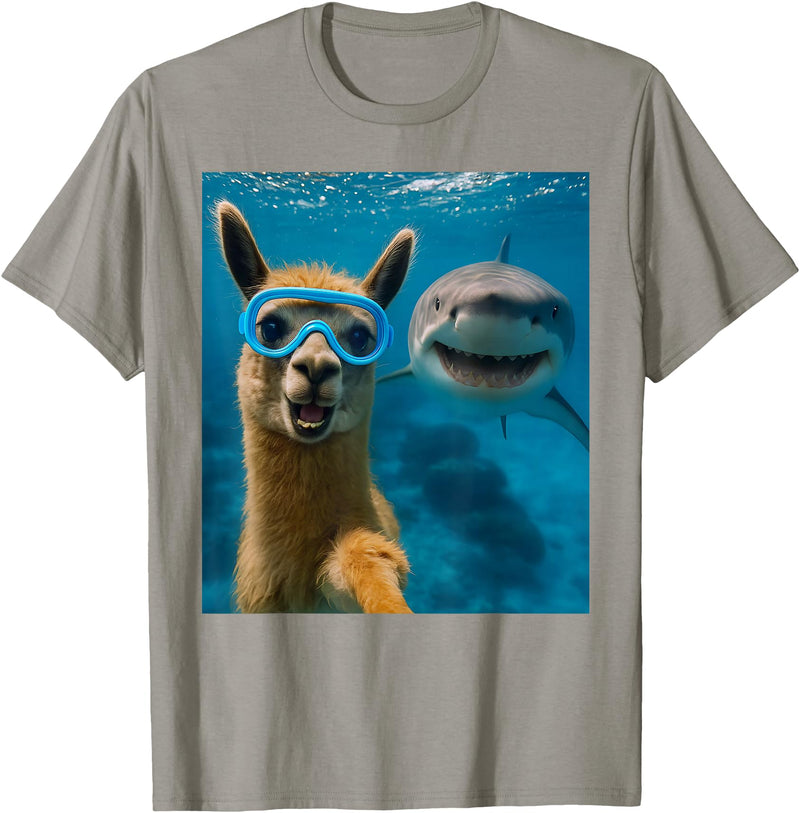 Selfie Llama and Shark Summer Scuba Diving Funny Llama Selfie with Shark Ocean Lovers T-Shirt - Slate Grey