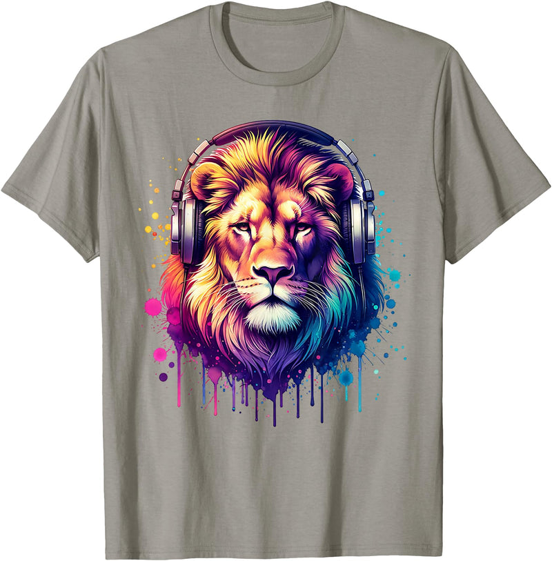 Funny Animal With Headphones Lion With Headphones T-Shirt - Slate Grey