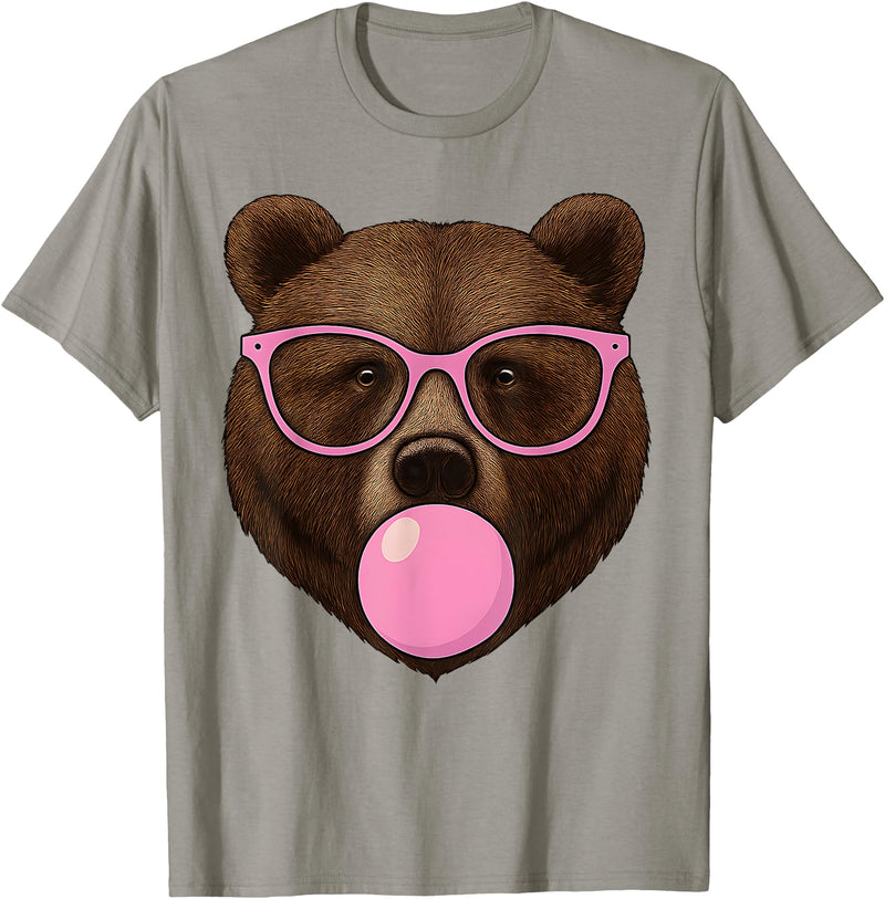 Bear Face Wearing Glasses Apparel For Women ladies Cute Bear Face Eating Gum and Makes Bubble Funny Bears Women T-Shirt - Slate Grey