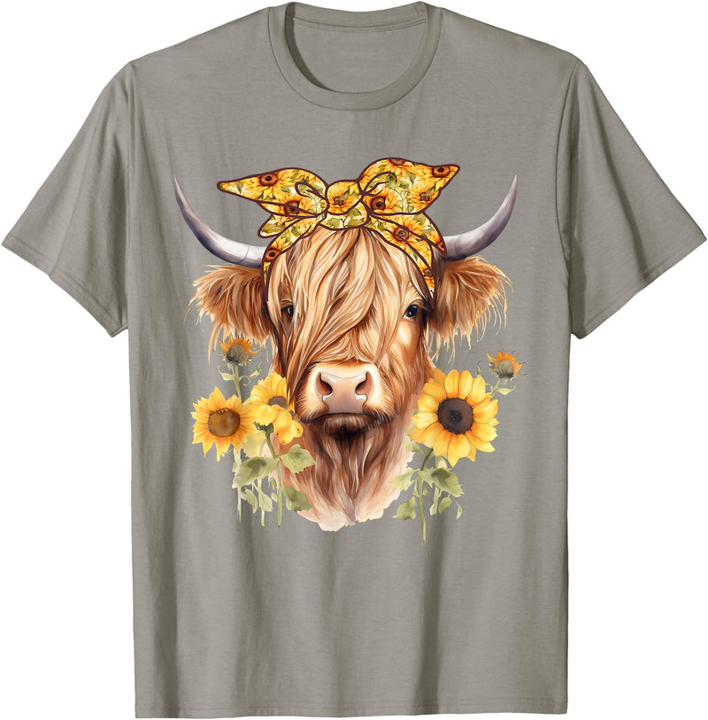 Kala Floral Highland Cow Designs Cute Scottish Highland Cow Wearing Sunflower Bandana Heifer T-Shirt - Slate Grey