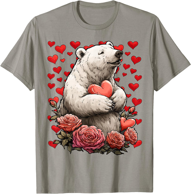 Romantic Animals Valentine’s Day Presents Cute Polar Bear with Red Roses Hearts Valentine’s Day Animal T-Shirt - Slate Grey
