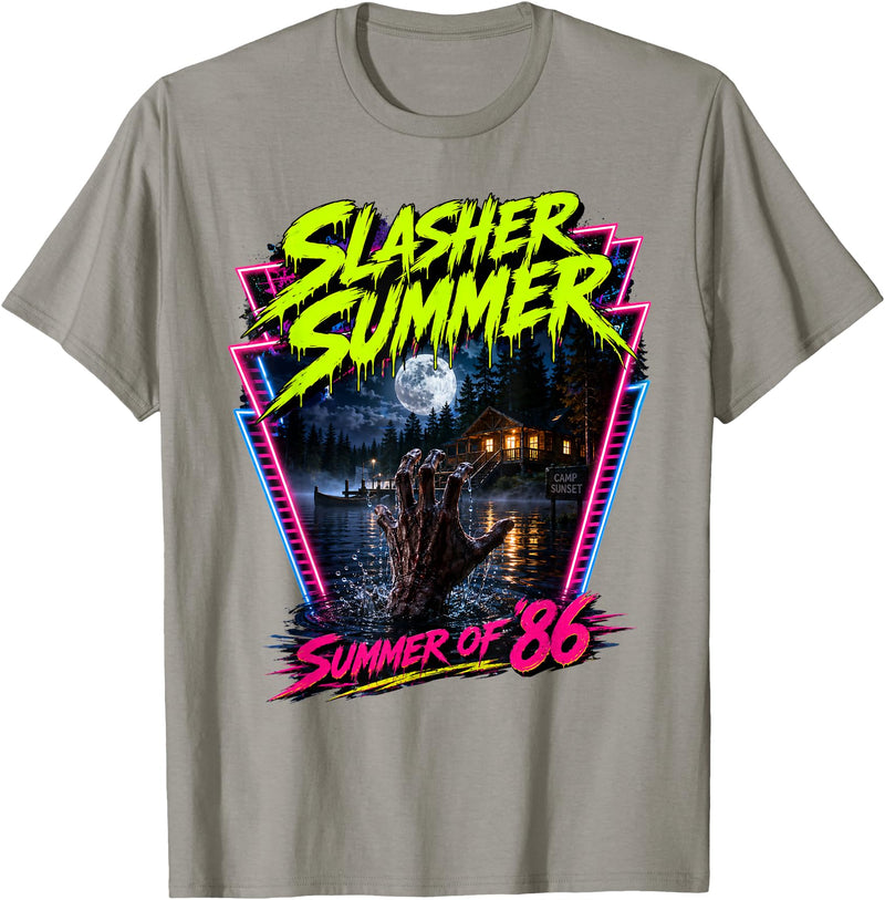 Summerween Slasher Summer Halloween Spooky Tee Vintage Summerween Funny Slasher Summer Halloween 80s Style T-Shirt - Slate