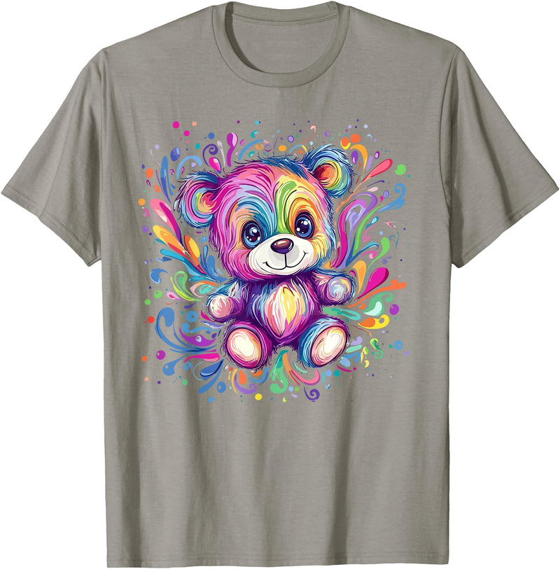 Vibrant Colorful Teddy Bear Illustration Rainbow Splash Teddy Bear T-Shirt - Slate Grey