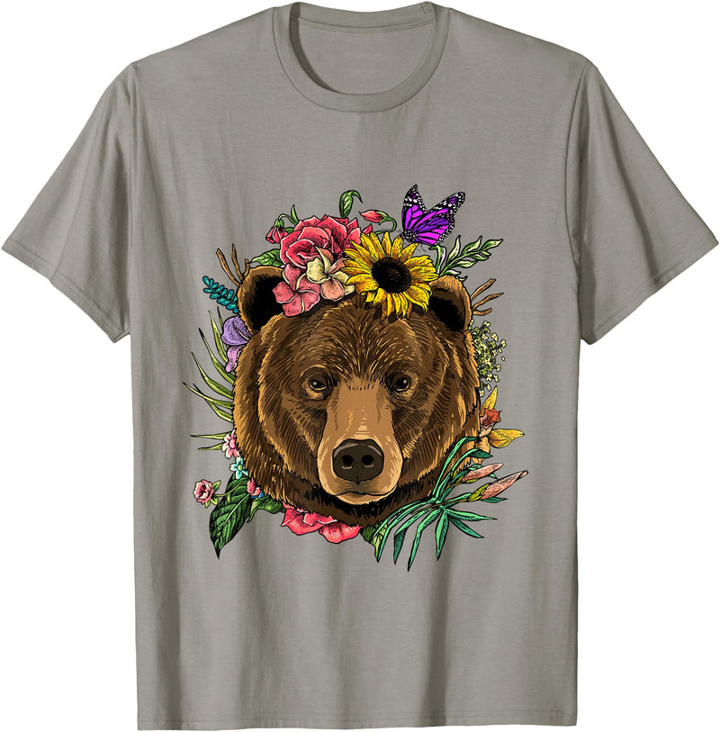 Wowsome! Bear Shirt Nature Floral Grizzly Bear Face Animal Bear Lover T-Shirt - Slate Grey