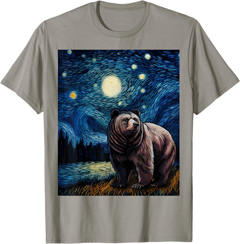Starry Night Wildlife Graphic Grizzly Bear Van Gogh Starry Night Grizzlies Animal T-Shirt - Slate Grey
