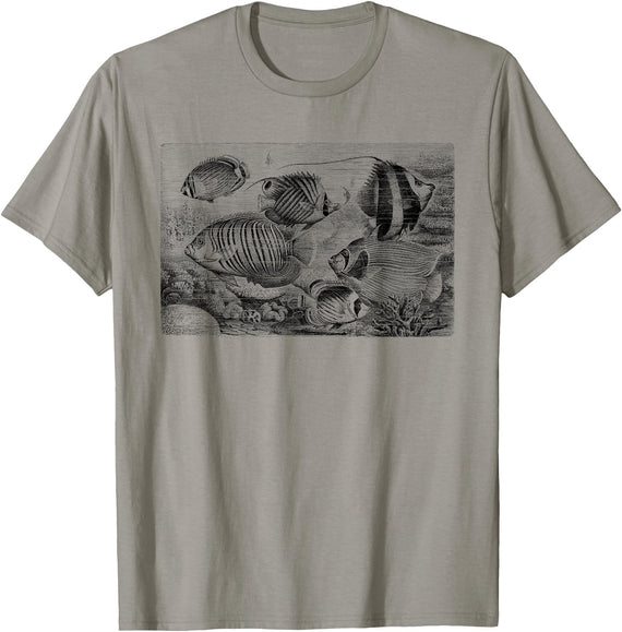 The New Antique Vintage Tropical Fish Print T-Shirt - Slate Grey
