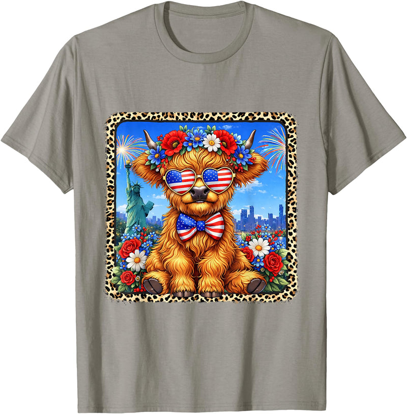 4th of July Apparel 4th of July Cow Patriotic Heart Glasses USA Floral Leopard T-Shirt - Slate Grey