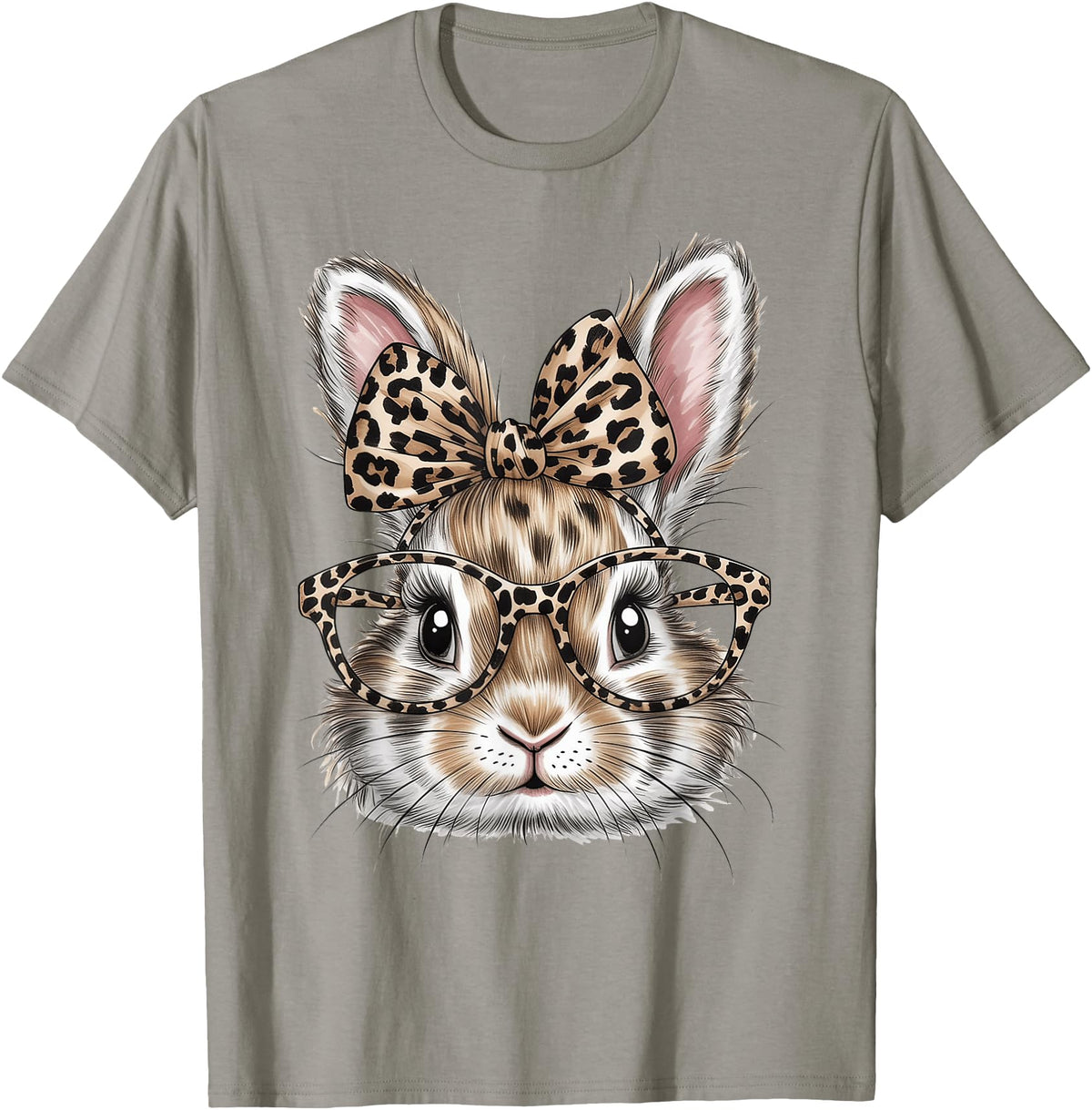 Bunny Face Glasses Bandana Leopard Rabbit Happy Easter T-Shirt in Slate Grey