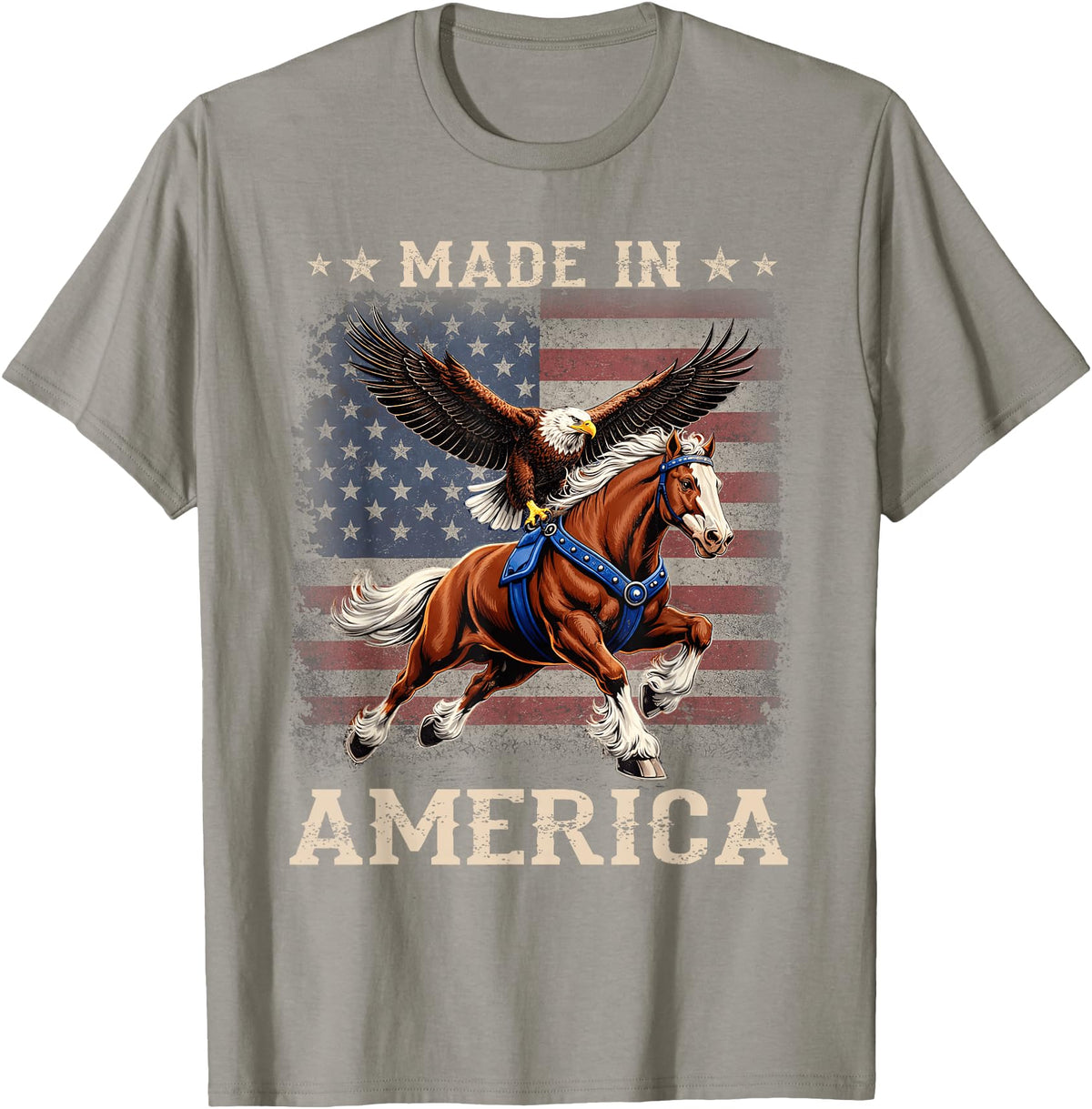 Made In America Patriotic Tees Made in America Western Horse Eagle USA Flag T-Shirt - Slate Grey