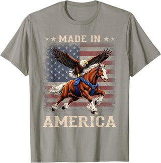Made In America Patriotic Tees Made in America Western Horse Eagle USA Flag T-Shirt - Slate Grey