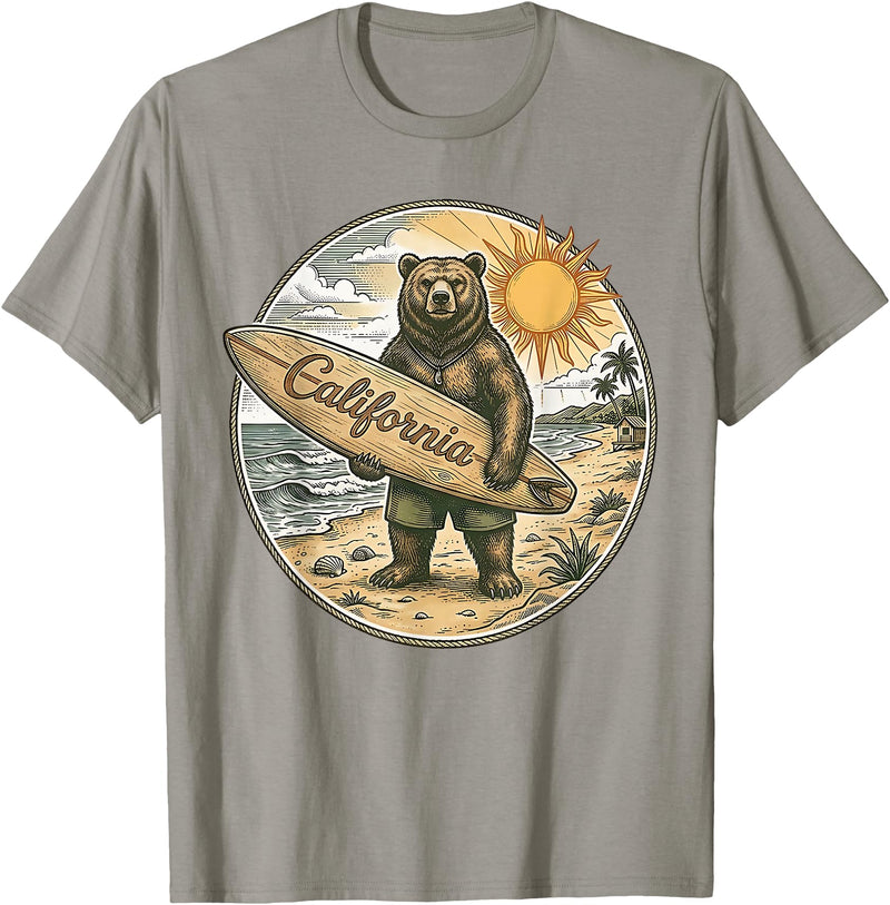 Retro Coastal Surf Bear Vintage Beach Apparel Vintage California Surf Bear Beach Retro Coastal Summer T-Shirt - Slate Grey