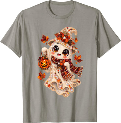 Cute Spooky Autumn Halloween Artwork Cute Halloween Ghost Pumpkin Autumn Witch Art T-Shirt