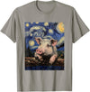 Cute Pigs Designs. Cute Pig Funny Van Gogh Style Starry Night Graphic T-Shirt - Slate Grey