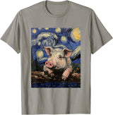 Cute Pigs Designs. Cute Pig Funny Van Gogh Style Starry Night Graphic T-Shirt - Slate Grey