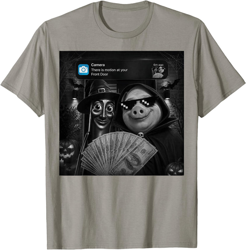 Funny Tung Tung Sahur and John Pork Brainrot Meme Tung Sahur John Pork Motion at Your Front Door Halloween T-Shirt - Slate