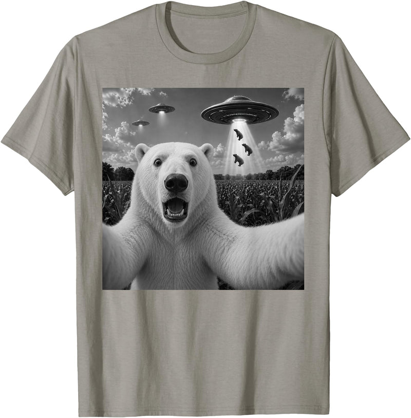 Retro Polar Bear Selfie with UFOs Meme Polar Bear Selfie with UFO Alien Funny T-Shirt - Slate Grey