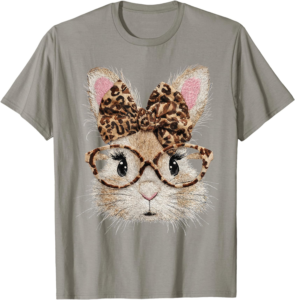 Cute Bunny Rabbit Face Leopard Coquette Bow Glasses Easter T-Shirt in Slate Grey