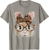Cute Bunny Rabbit Face Leopard Coquette Bow Glasses Easter T-Shirt in Slate Grey