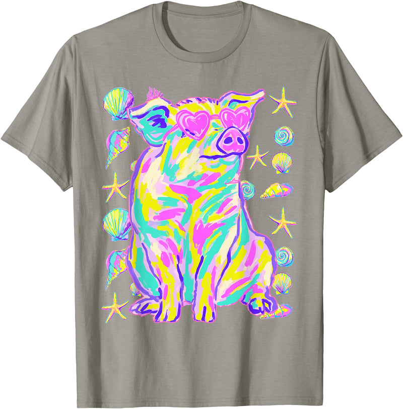 Coastal Summer Animals Beach Art Cute Pig with Hearts Sunglasses Seashells Coastal Summer T-Shirt - Slate Grey