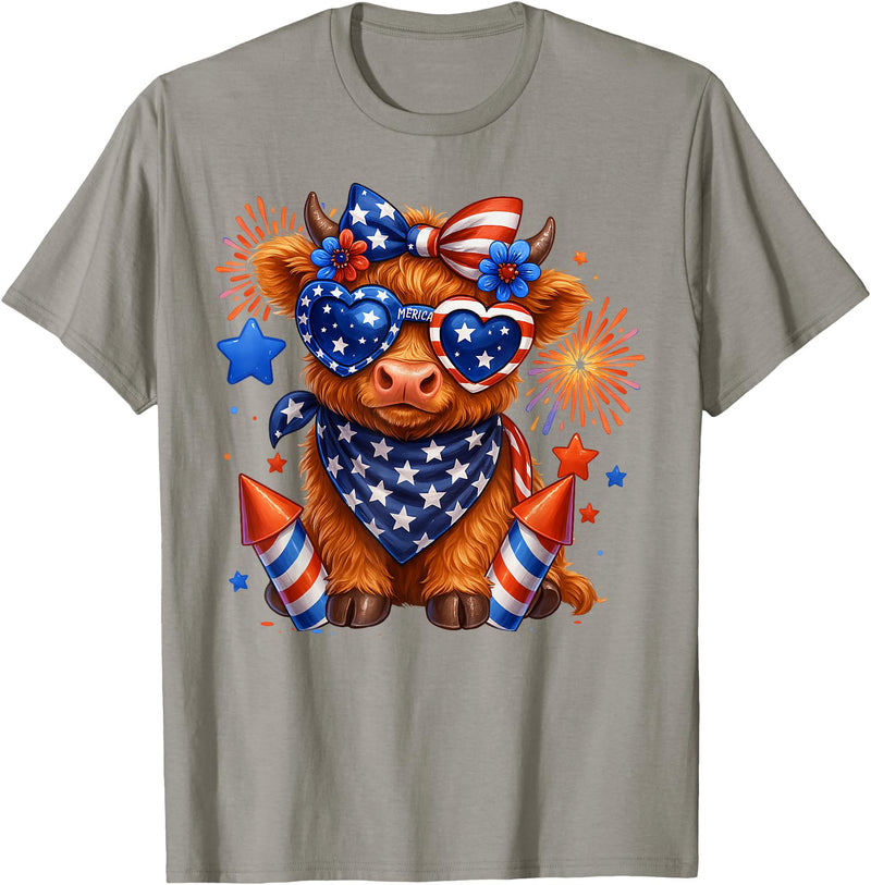 Cute Highland Cow 4th of July USA Flag Patriotic Cow Farmer T-Shirt - Slate Grey