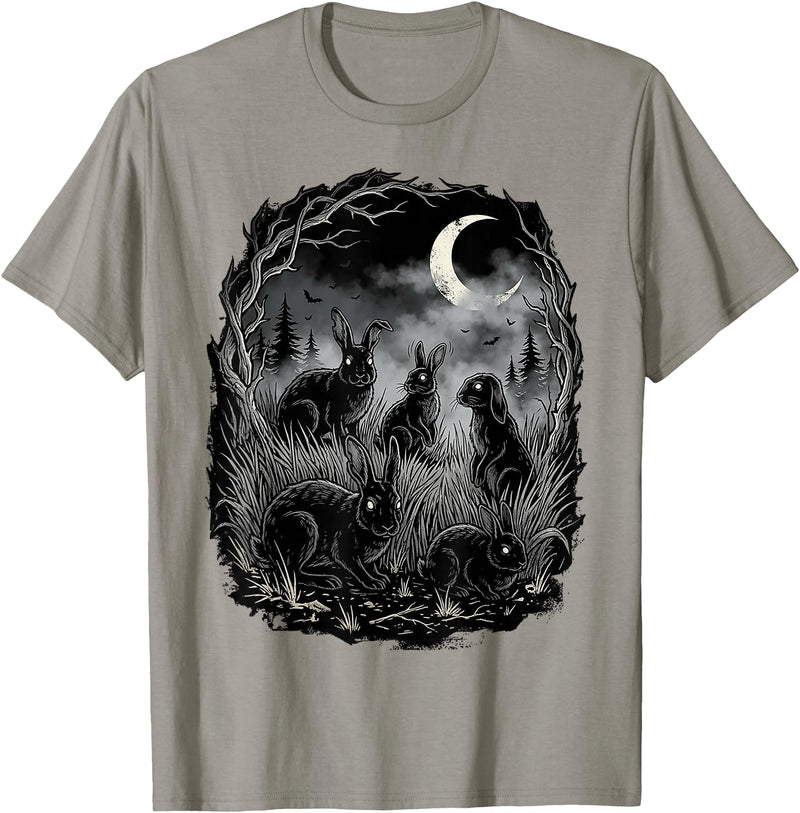 Midnight Woodland Rabbit Art Apparel Graphic Tees Creepy Black Rabbits Moonlit Forest Gothic Horror Halloween T-Shirt -