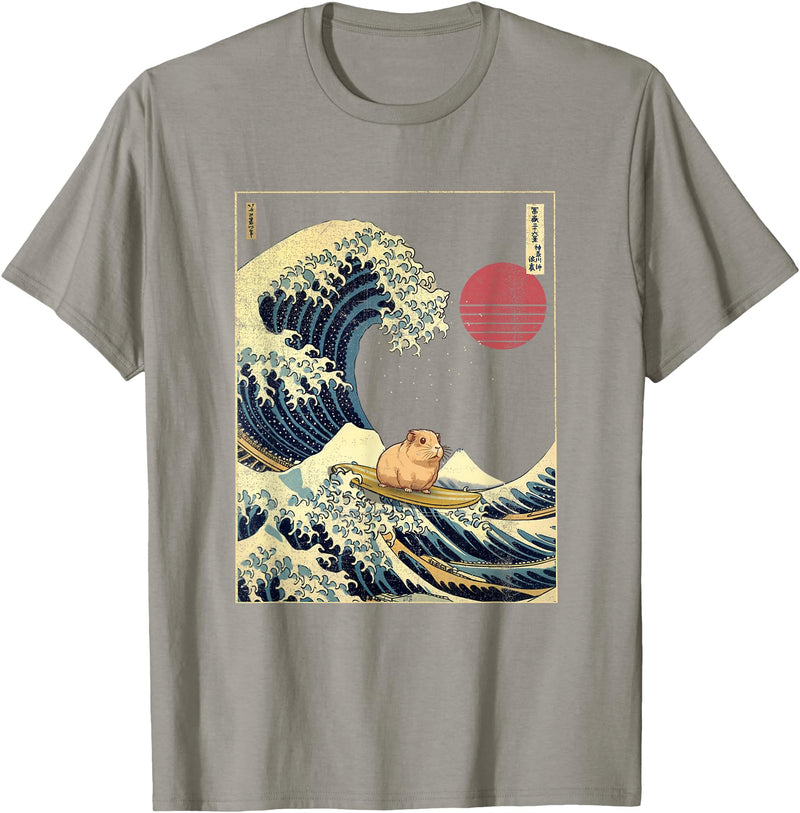 AxisNagawa Guinea Pig Kanagawa Wave Funny Surf Animal T-Shirt - Slate Grey