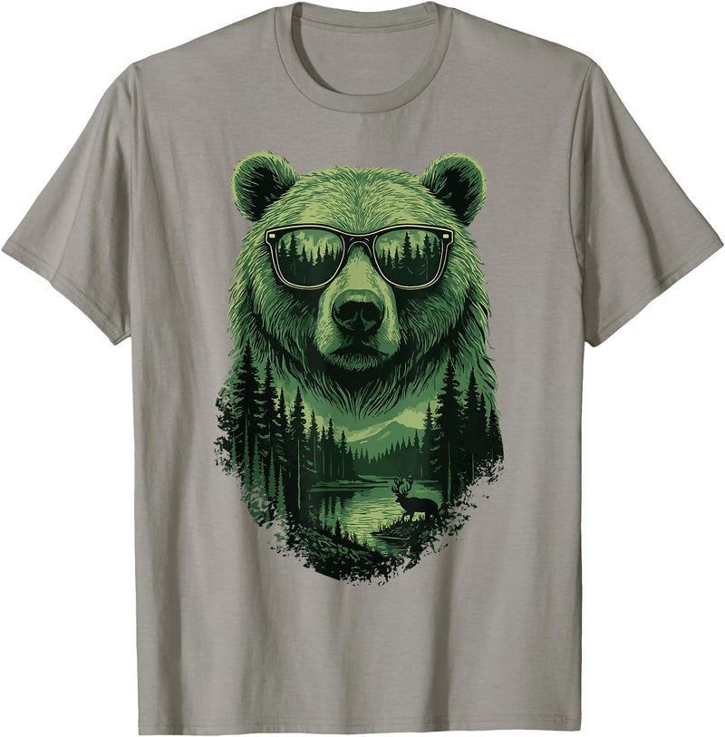Bear Wildlife Deer Campfire Nature Apparel Bear Sunglasses Wildlife Deer Campfire Nature Vintage Forest T-Shirt - Slate Grey