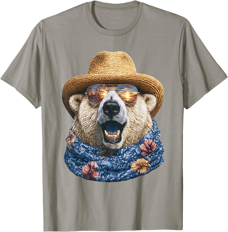 Whimsical Coastal Animals Beachgoers Cute Polar Bear with Sunglasses and Straw Hat Animal Summer T-Shirt - Slate Grey