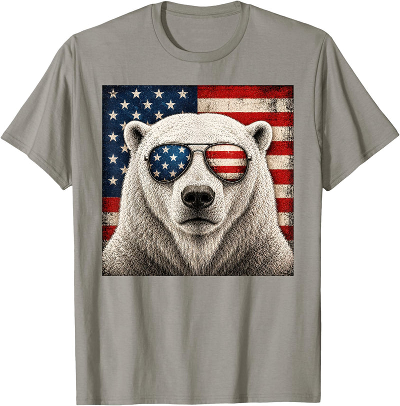 Retro Polar Bear USA Sunglasses July Fourth Polar Bear 4th of July US American Flag Patriotic T-Shirt - Slate Grey