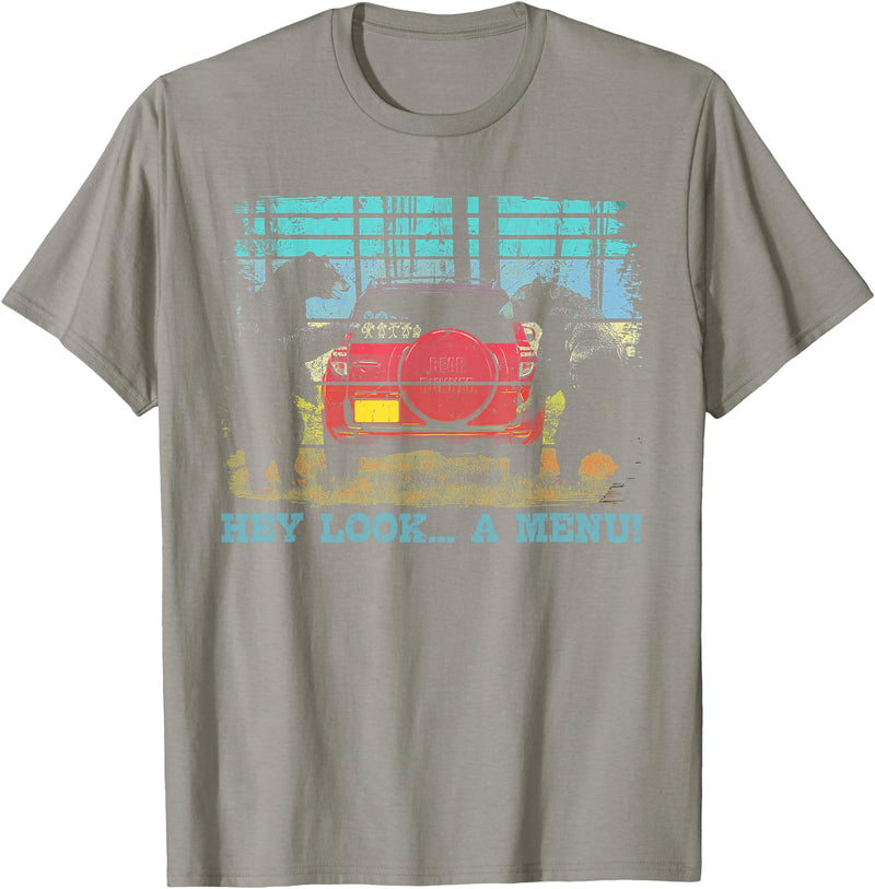 Funny Camping Lovers Gift Tee Hey Look A Menu Funny Bear Camping Retro Vintage Camper Car T-Shirt - Slate Grey