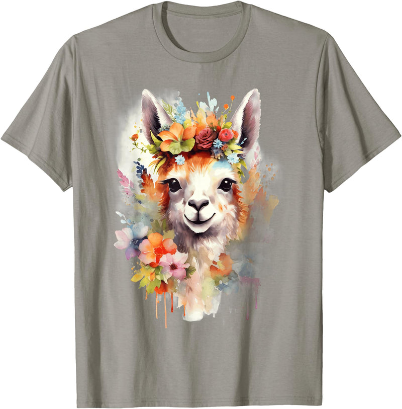 Llama Bloom Studio Cute Llama Floral Crown Watercolor Animal Art T-Shirt - Slate Grey