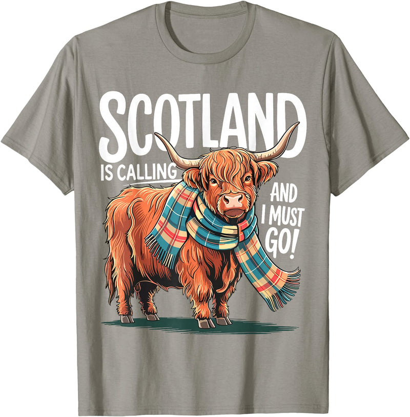 Funny Scottish Highland Cow Scotland is Calling and I Must go Scottish Highland Cow T-Shirt - Slate Grey