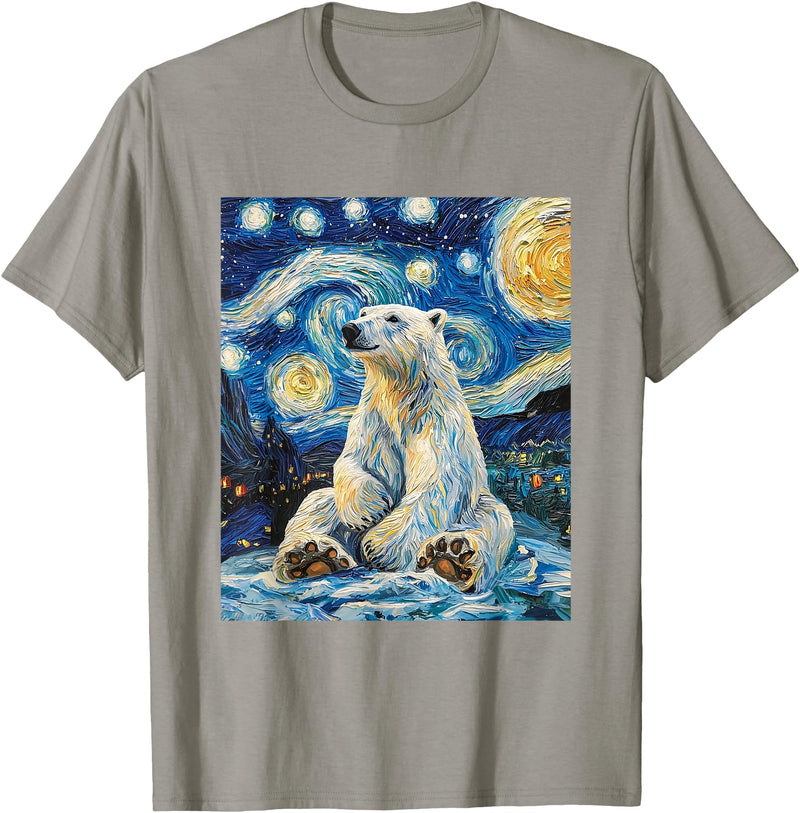 Bear Designs. Cute Polar Bear Van Gogh Style Starry Night Funny Graphic T-Shirt - Slate Grey