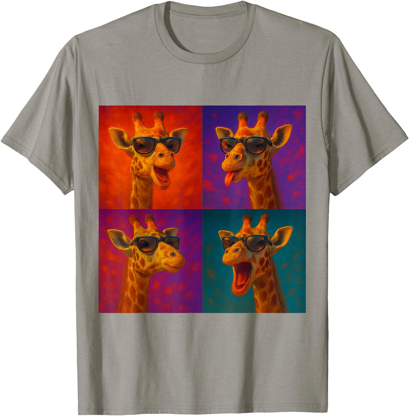 Colorful 4 Photos Animals Giraffe Sunglasses Funny Faces Collage Pop Art T-Shirt - Slate Grey